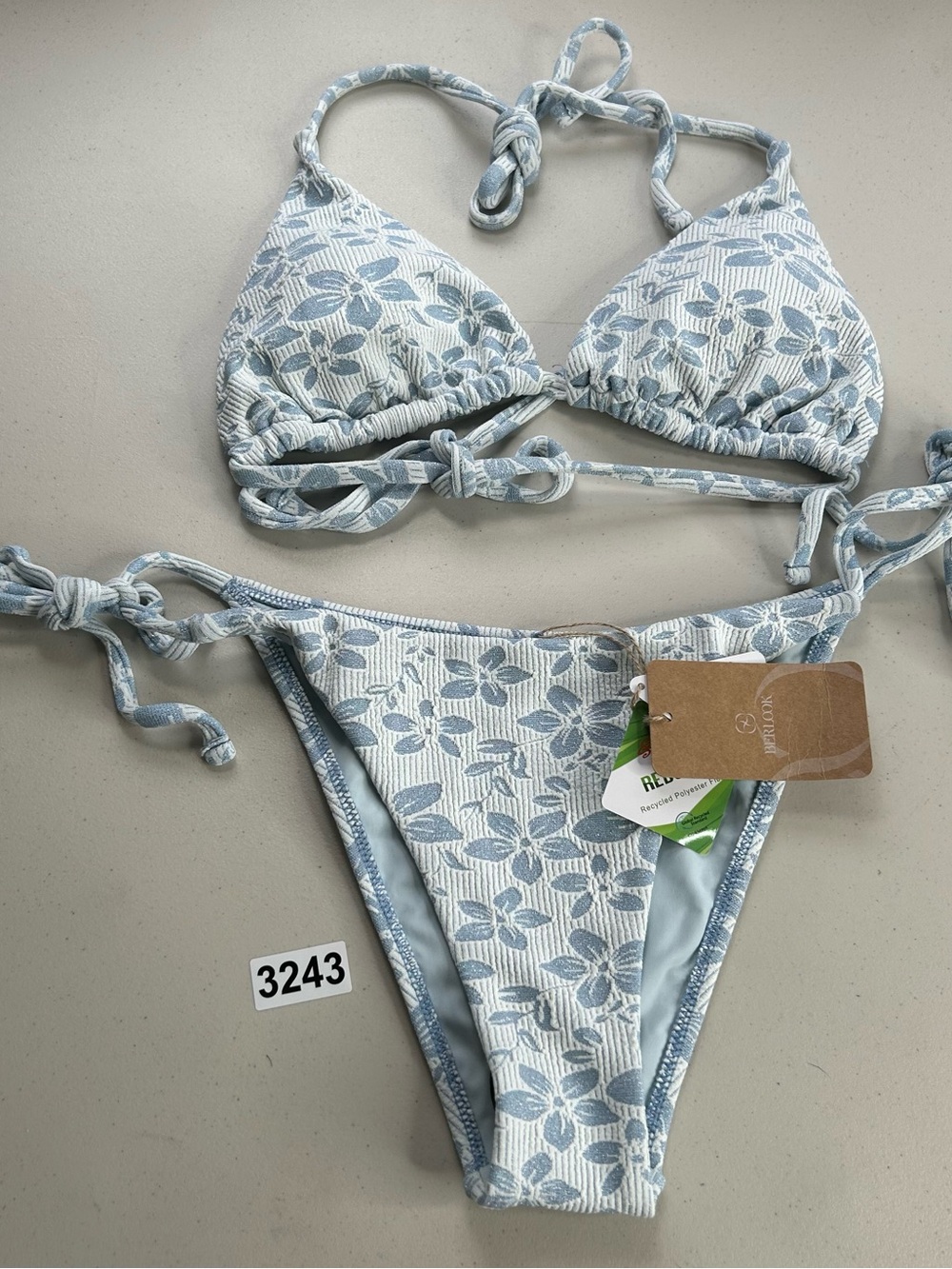 Berlook Bikini Set Medium Light Blue Textured Floral Halter Triangle Top New